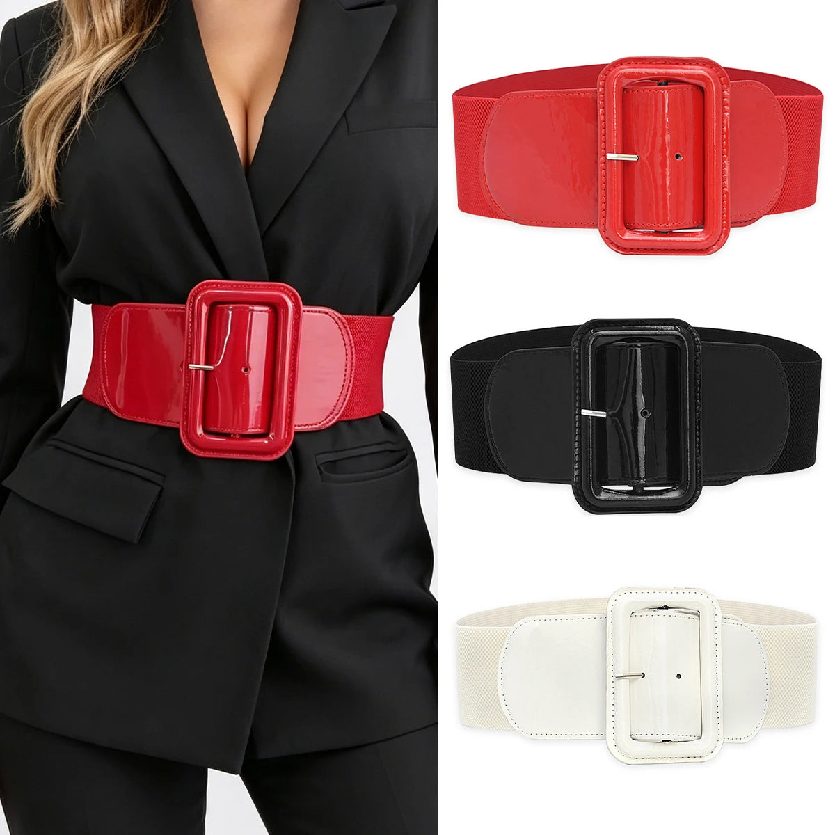 Vintage Plus Size Stretch Cummerbunds Elastic Wide Side Corset Belt Leather Square Buckle Dress Waistband For Women