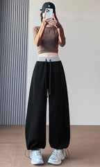 American style sports pants women in autumn and winter 2025 new style thick drawstring color blocking wide leg pants