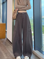 American style woolen plaid cargo pants women's autumn winter new plush casual versatile loose machete wide leg pants
