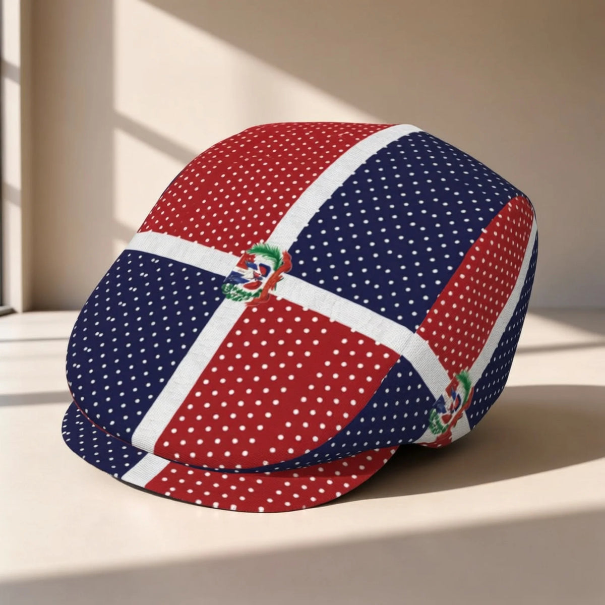 Flat-Top Hats Featuring a Polka Dot Design of The Dominican Flag, Suitable for Both Men And Women, Including Newsboy Caps
