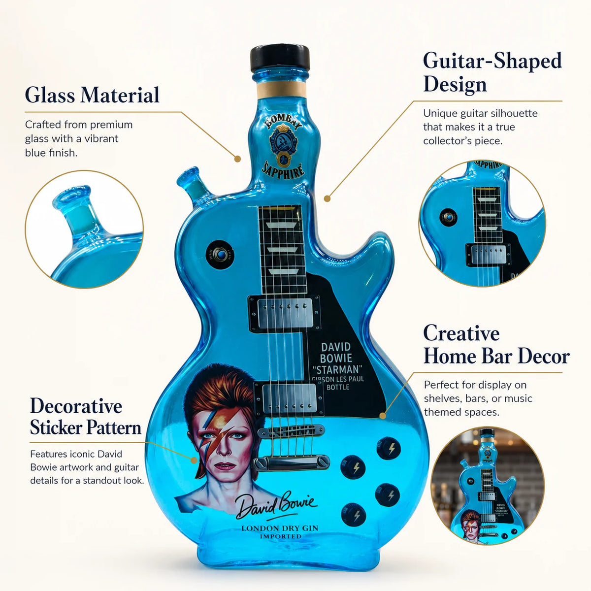 David Bowie Starman Theme Glass Whiskey Decanter Guitar Bottle Music Fan Collectible Home Decor