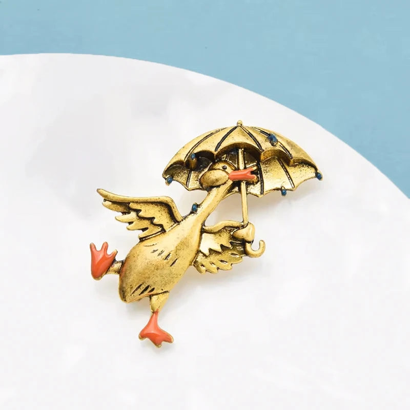 PENDRA Umbrella Duck Enamel Animal Brooch