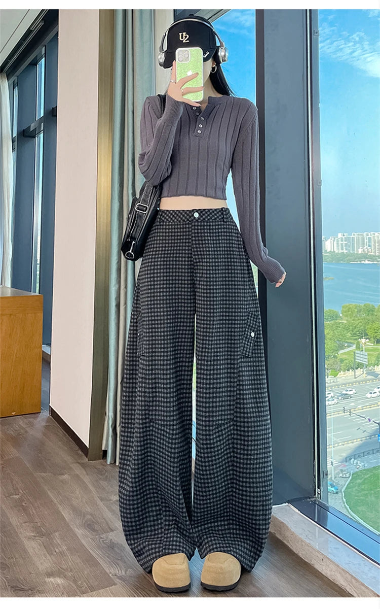 American style woolen plaid cargo pants women's autumn winter new plush casual versatile loose machete wide leg pants