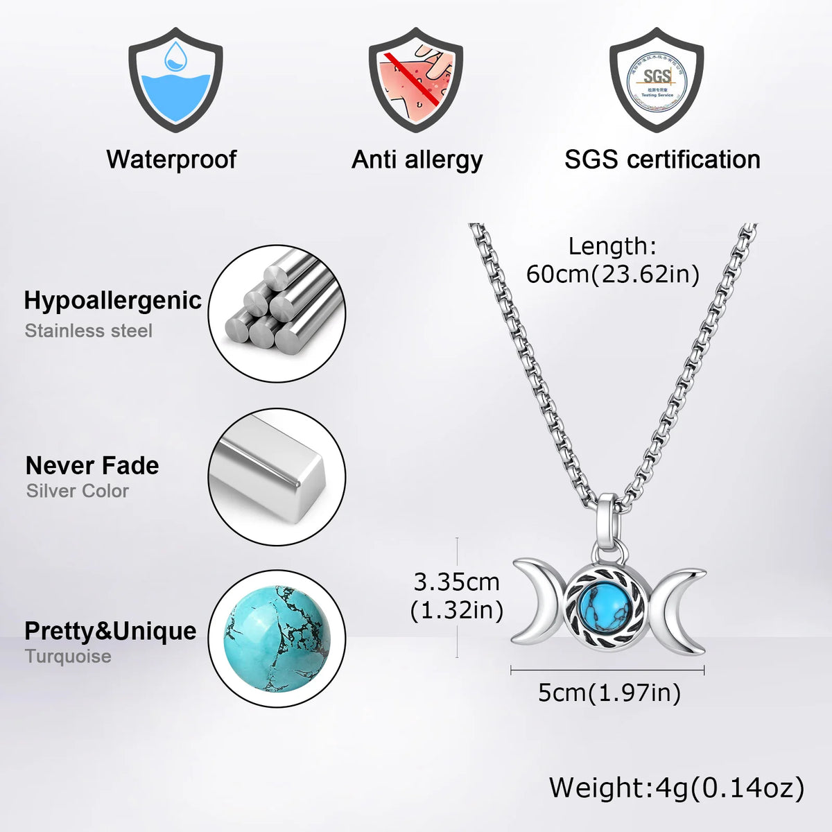 Viking Trinity Knot Natural Stone Necklace for Men,Stainless Steel Turquoise Triple Moon Goddess Necklace,Lucky Amulet Jewelry
