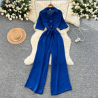 Fashionable casual lapel collar short sleeved cinched waist jumpsuit women's summer new solid color wide leg long pants