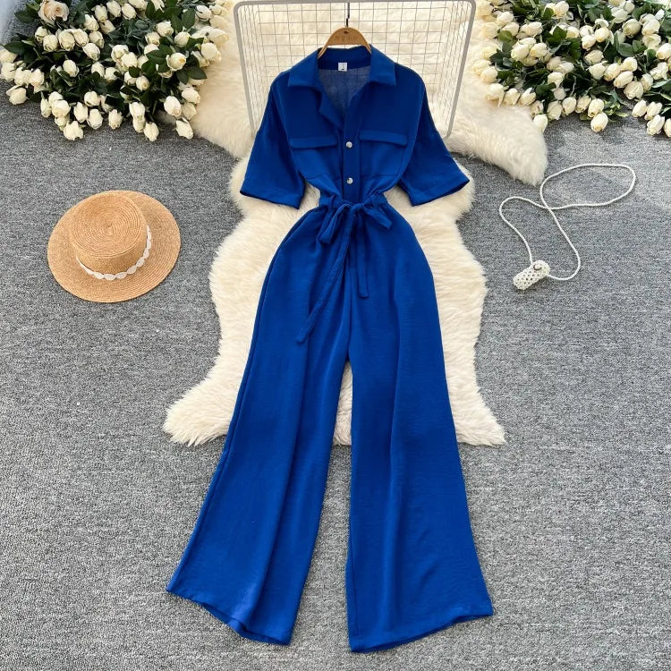 Fashionable casual lapel collar short sleeved cinched waist jumpsuit women's summer new solid color wide leg long pants