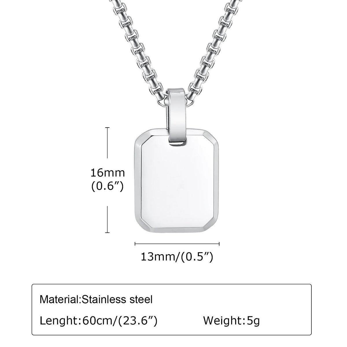Free Custom Engraving Geometric Necklaces, Men's Waterproof Stainless Steel Square Pendant Collar with Box Chain