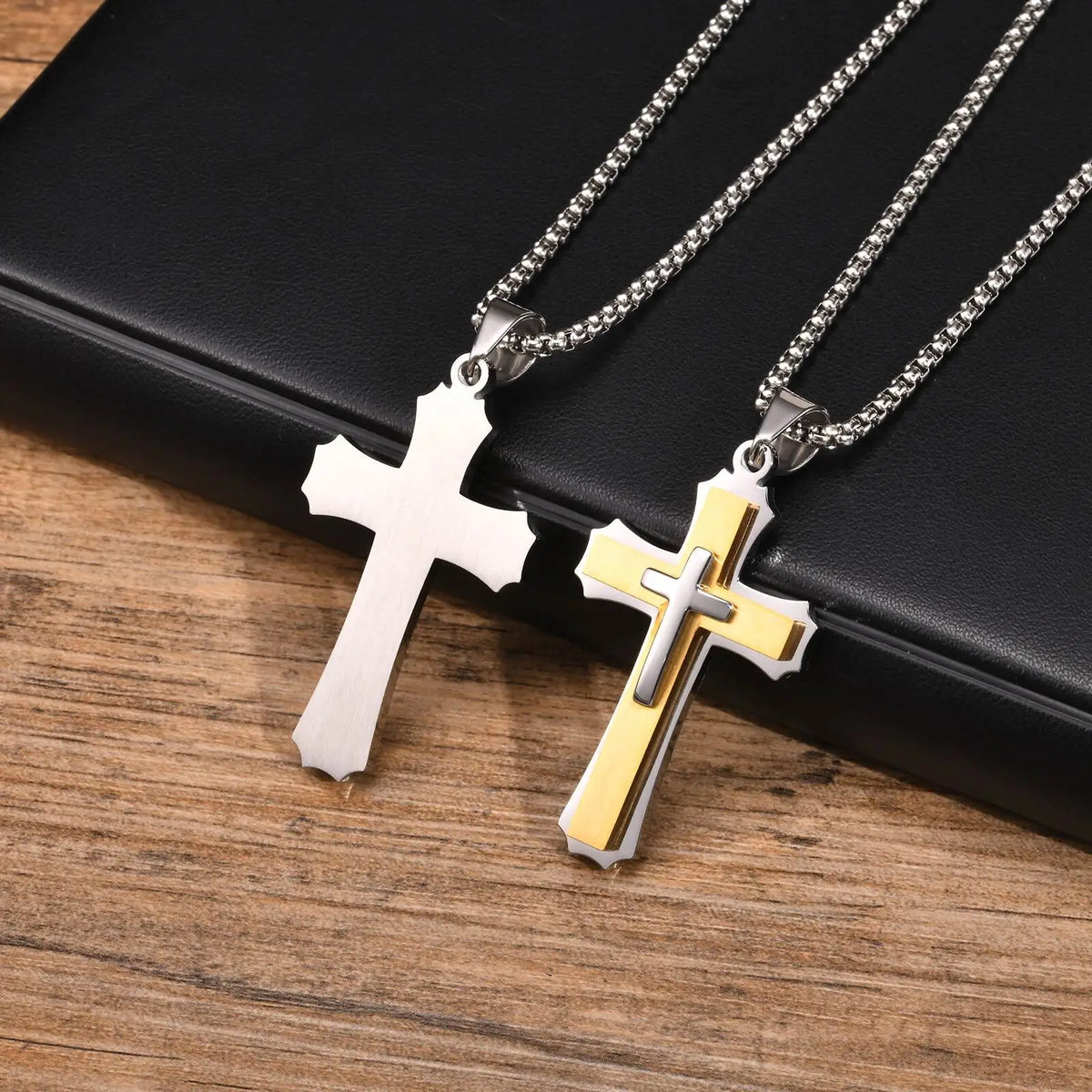 3D Cross Pendant Necklaces for Men Boys,Black Gold Color Stainless Steel Cross Necklace,Hiphop Punk Party Gift