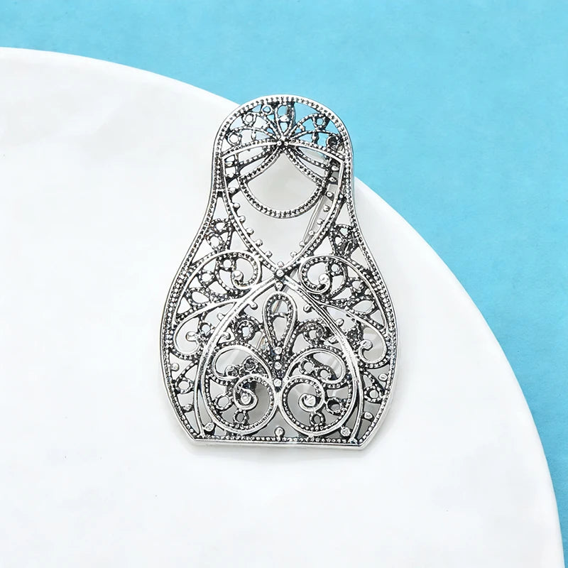 Wuli&baby Vintage Matryoshka Doll Brooches 2-color Metal Lovely Hallow-out Vintage Party Casual Brooch Pins Gifts