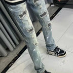 Ripped Patch Jeans Men's Brand High Street American Trend Slim Fit Straight Small Feet Pants Menswear Clothing Luxury Jeans Men