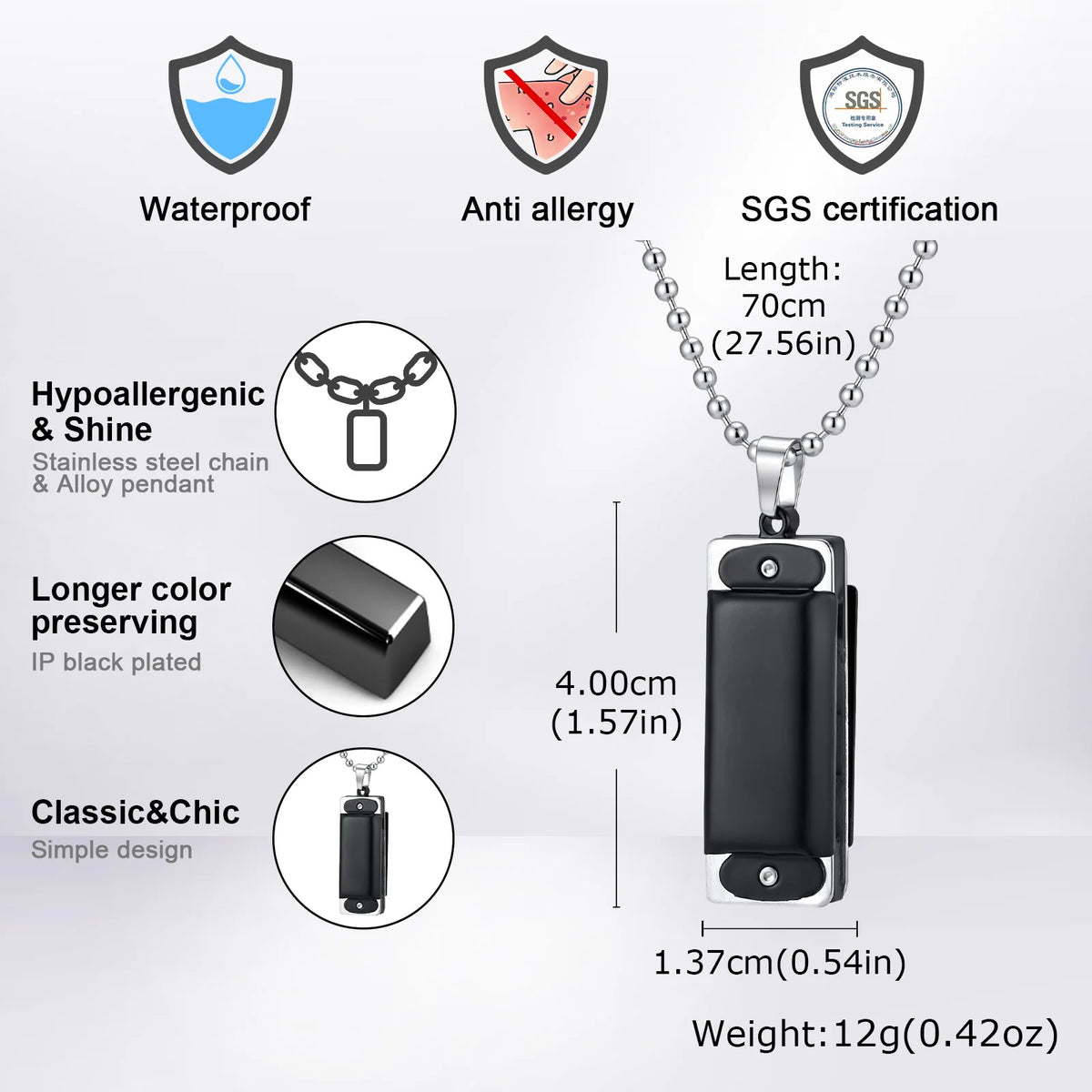 Playable Mini Harmonica Necklace for Men,Rectangular Pendant with Stainless Steel Ball Chain,Punk Music Lover Jewelry Gift