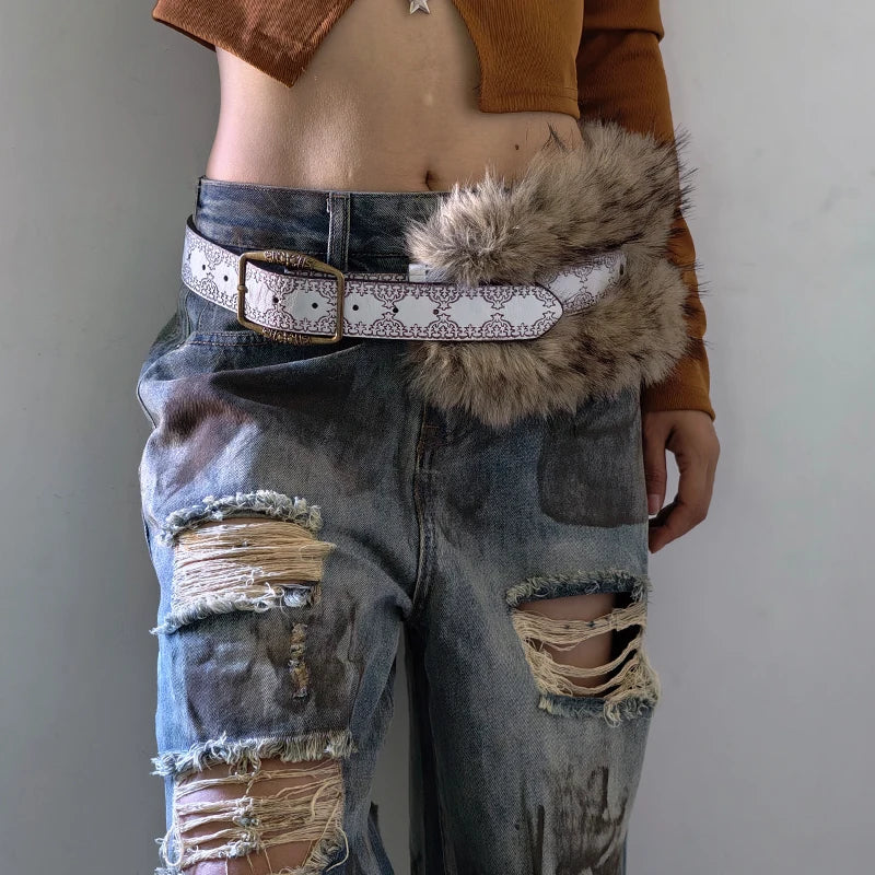 Retro Punk Style Furry Belt For Women Niche Y2k leopard print Belt For Skirts And Jeans American Western Cowboy Waistband
