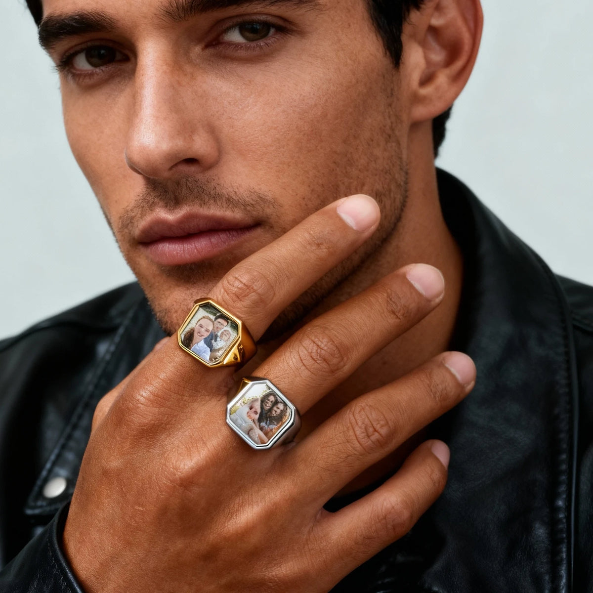 Custom Photo Ring for Men,Waterproof Stainless Steel Square Round Stamp Ring,Personalized Statement Ring Gift for Son Dad