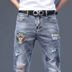 Hot Sale Men's Luxury Jeans Streetwear Denim Pants Punk Distressed Hole Tiger Embroidery Patches Stretch Skinny Ripped Trouser