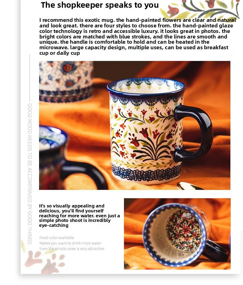 Bohemian Handmade Floral Ceramic Coffee Mug, Retro Pattern Porcelain Cup, Aesthetic Tea Mug for Latte, Cute Drinkware Gift