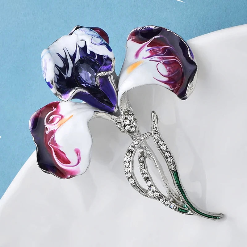 PENDRA Orchidia Enamel Rhinestone Orchid Brooch