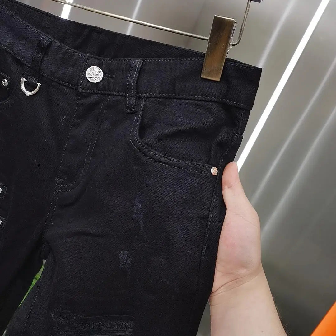 Luxury 2023 Men's High Street Korean Black Jeans with Zipper Distressed Hole Designer Youth Trend Slim-Fit Black Cotton Trousers