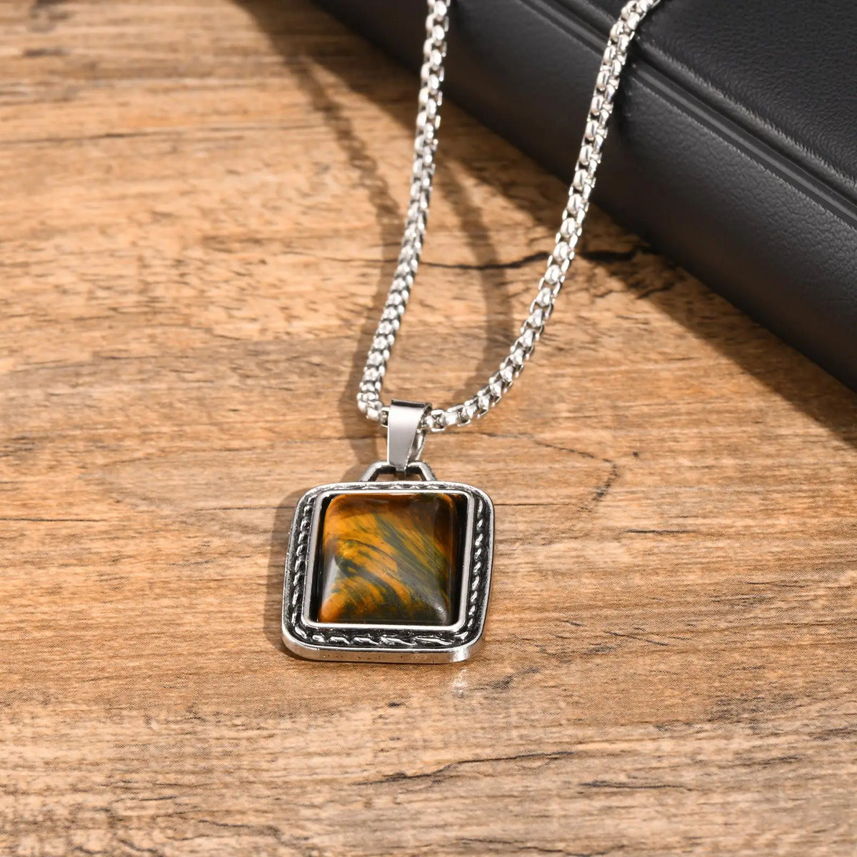 Tiger Eye Stone Pendant Necklaces for Men Boys,Brown Natural Stone Square Pendant Necklaces,Vintage Punk Jewelry Gift
