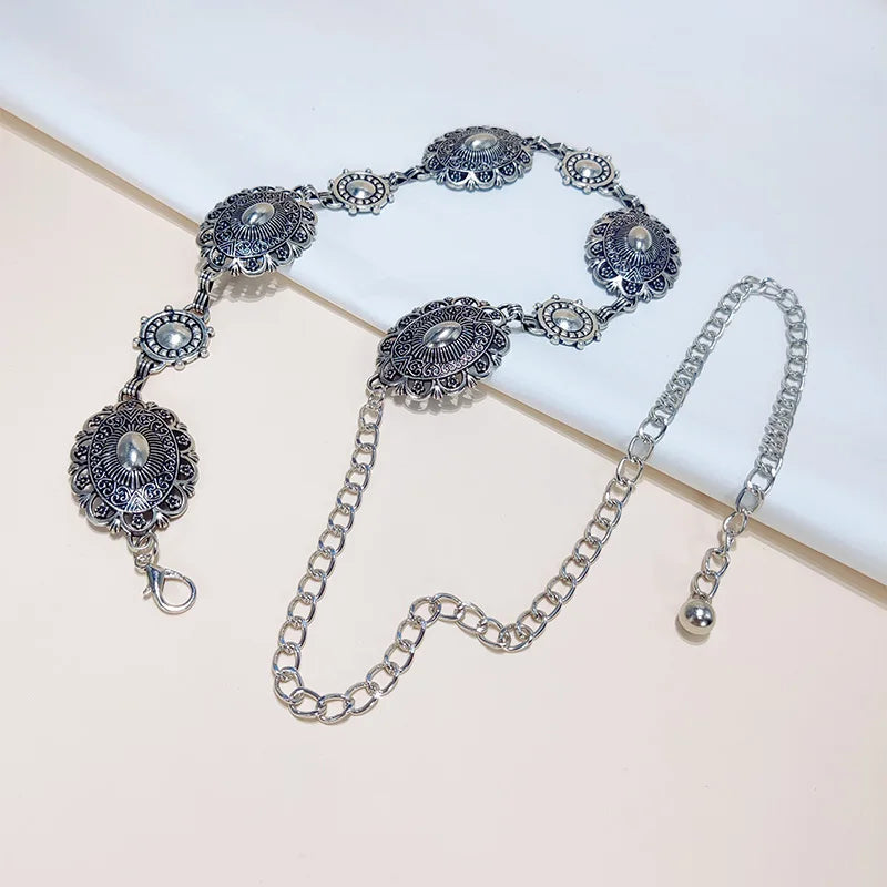 High Quality Metal Women's Waist Chain Gold Durable Retro Western Cowboy Adjustable Carved Chain Belt Jeans Metal Waistband