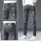 2025 Summer Ripped Jeans Men's Slim-fitting Small Feet Elastic Trousers Trendy Brand Fashion Scratched Patch Cargo Beggar Pants