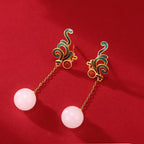 VENTFILLE Hetian Jade Ear Hook Earring Women's High-end Temperament Ethnic Style Retro Earrings Cloisonne Craft Dangler Gift