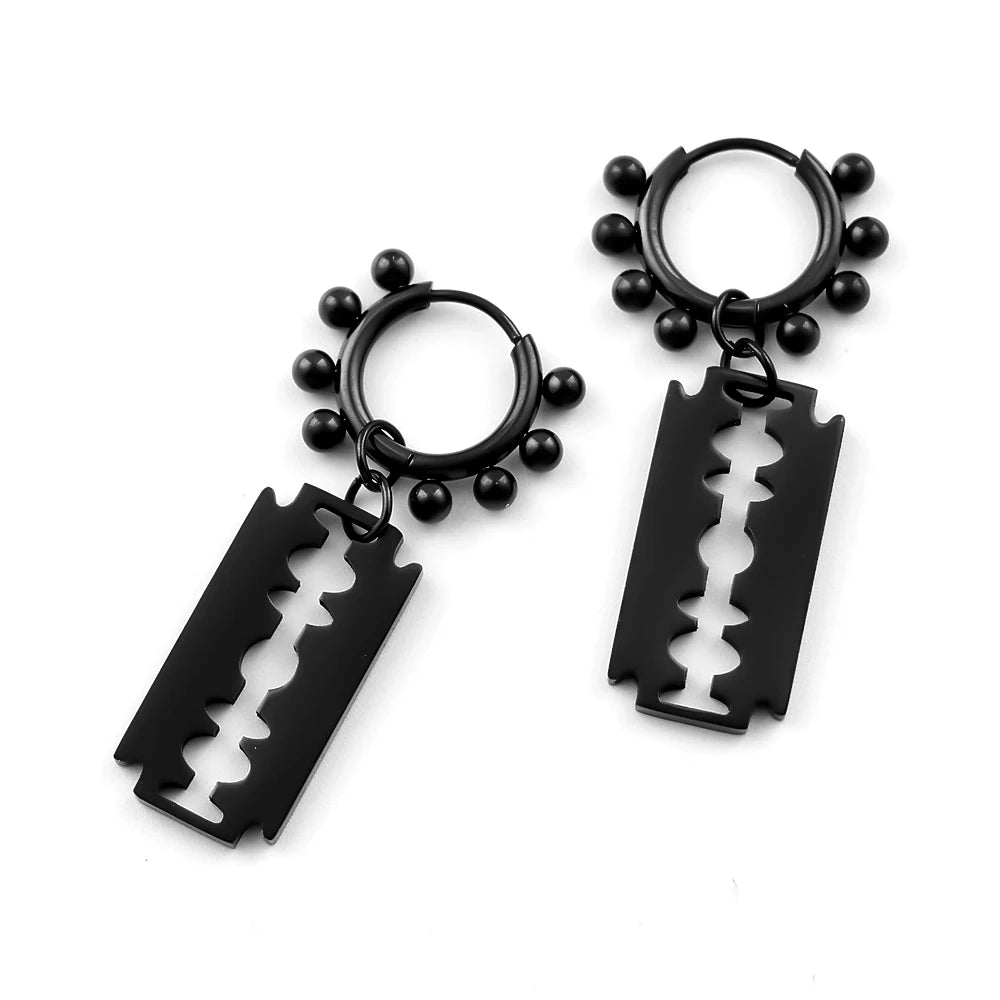 Punk Gothic Razor Blade Drop Earrings for Women Men Black Silver Color Hip Hop Stainless Steel Beads  Earring Rock Party Jewelry