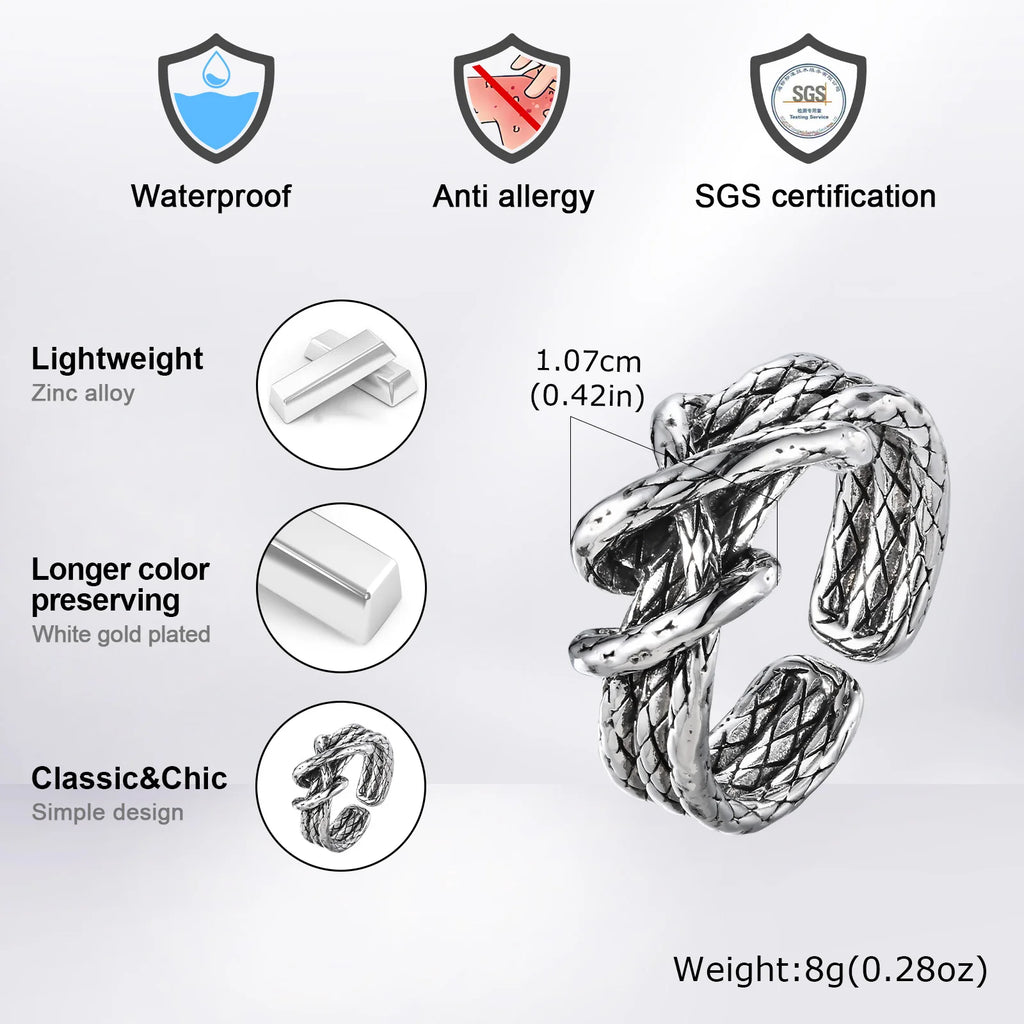 Retro Woven Metal Ring for Men Boys,Irregular 3 Layers Knot Opening Ring,New Punk Jewelry Gifts