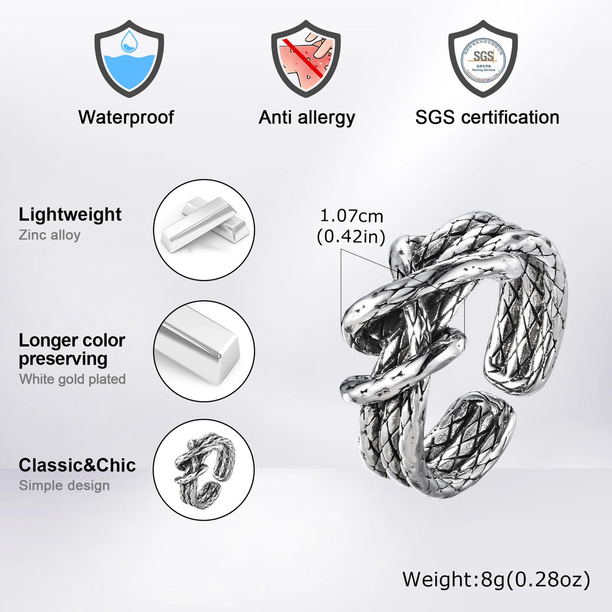 Retro Woven Metal Ring for Men Boys,Irregular 3 Layers Knot Opening Ring,New Punk Jewelry Gifts