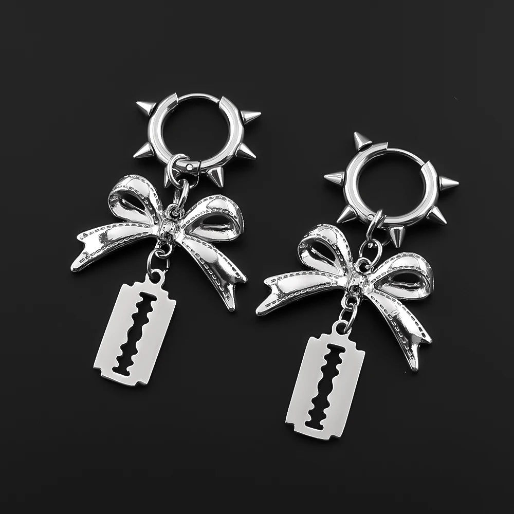 Rivet Hoop Earrings Bow Razor Blade Gothic Punk Dangle Earring Stainless Steel Edgy Style Egirl Femboy Rapper Hiphop Jewelry