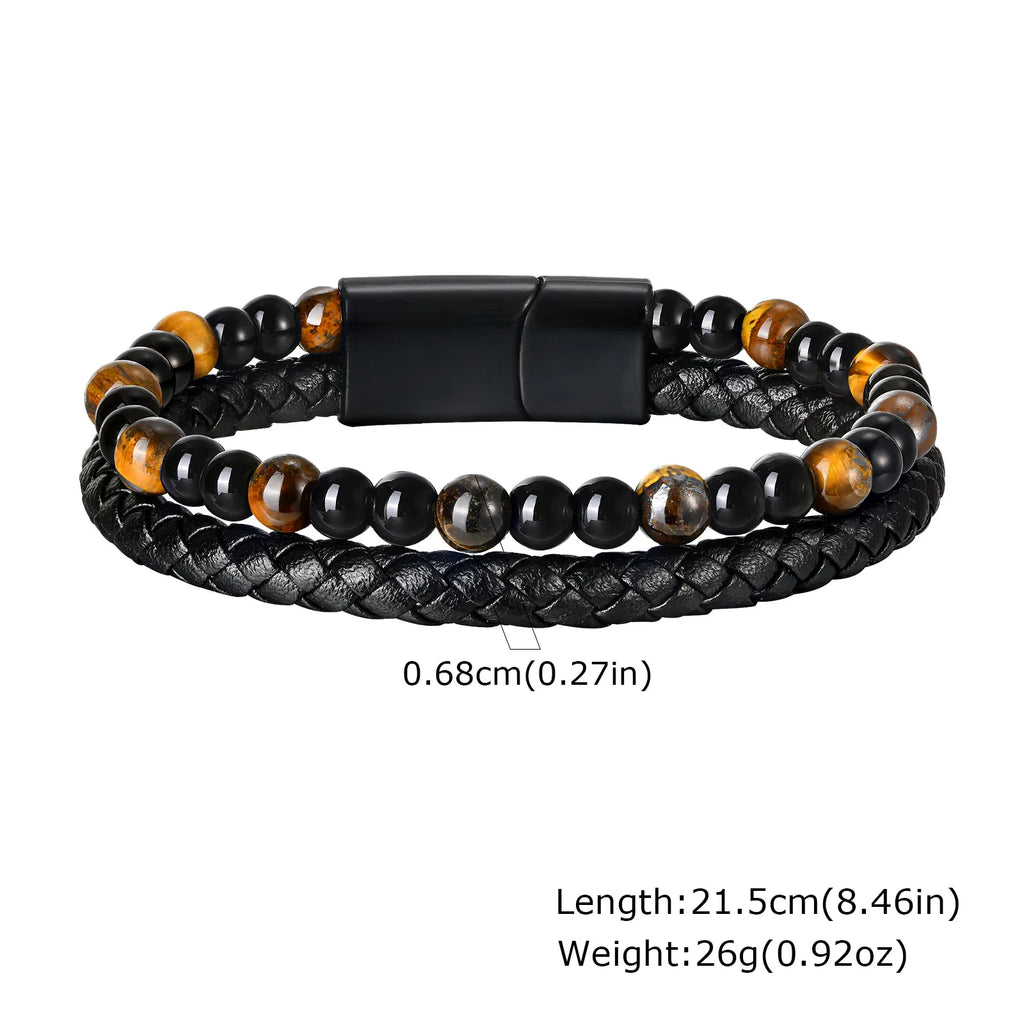 Punk Men Natural Stone Stackable Leather Bracelet,Multilayer Braided PU Wristband with Magnetic Buckle,Punk Casual Jewelry Gift