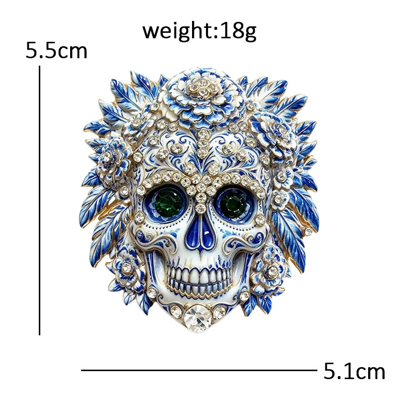 Wuli&baby Flowers Sugar Skull Brooches For Women Unisex 2-color Rhinestone Lovely Skeleton Face Party Casual Brooch Pins Gifts