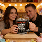 Gothic Rock Collectible Mug Hand-Polished 3D Embossed Skull, Stainless Steel Inner Unique Horn Handle Heavy Metal  Coffee Cup