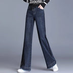 Elastic waisted denim wide leg pants women in spring and autumn new high waisted slim straight leg floor length pants