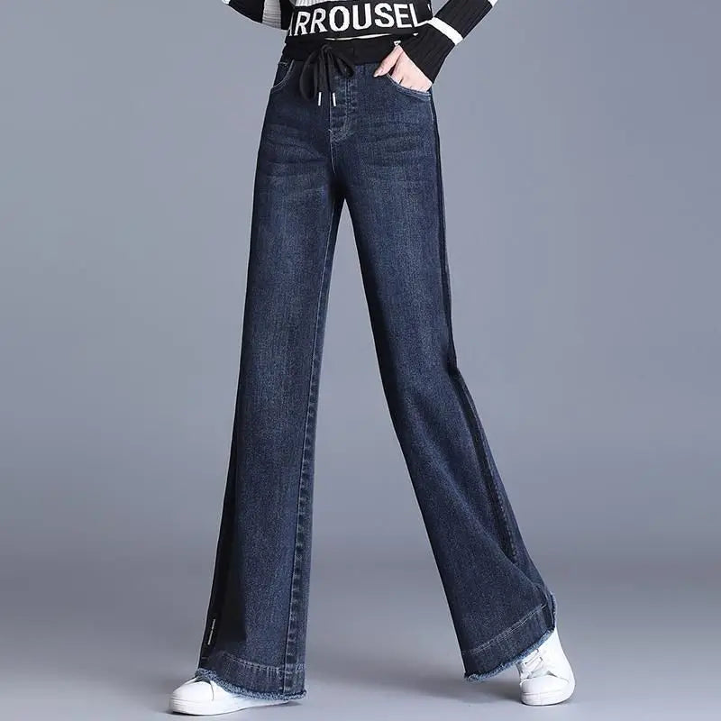 Elastic waisted denim wide leg pants women in spring and autumn new high waisted slim straight leg floor length pants