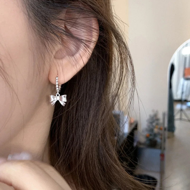 VENTFILLE 925 Sterling Silver Bow Knot Hoop Earring for Women Personality Office Versatile Jewelry Birthday Gift Dropshipping