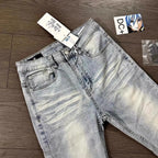 Man Jeans Designer Menswear Clothing Luxury Washed Light Blue Cat Whisker Slim Elastic Jeans Men's Thin Straight Scimitar Pants