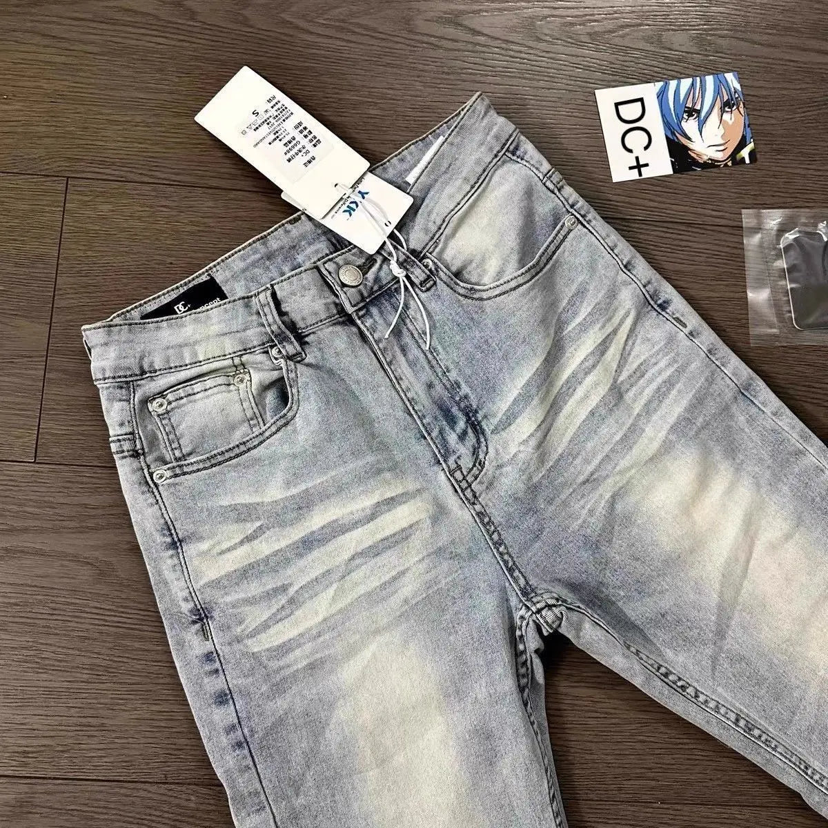 Man Jeans Designer Menswear Clothing Luxury Washed Light Blue Cat Whisker Slim Elastic Jeans Men's Thin Straight Scimitar Pants