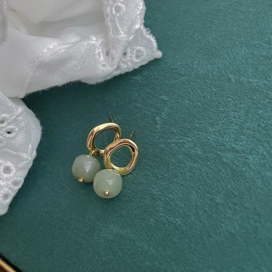 VENTFILLE 925 Silver Gold Color Hetian Jade Earrings for Women Girls Festival Gift Green Round Jewelry Dropshipping Wholesale