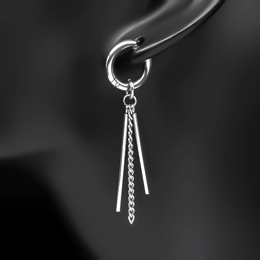 New Fashion Stainless Steel Long Chain Tassel Pendent Earrings Hoop Personality Ear Clips For Unisex Hiphop Punk Rock Trendy