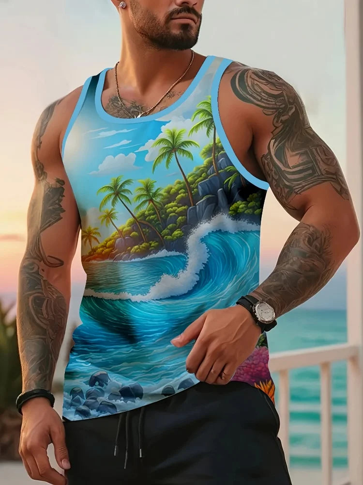 Summer Casual Men's Tank Top Outdoor Beach Men's Fashionable Sleeveless T-shirt Hawaiian-style 3D Palm Tree Print Men's Top