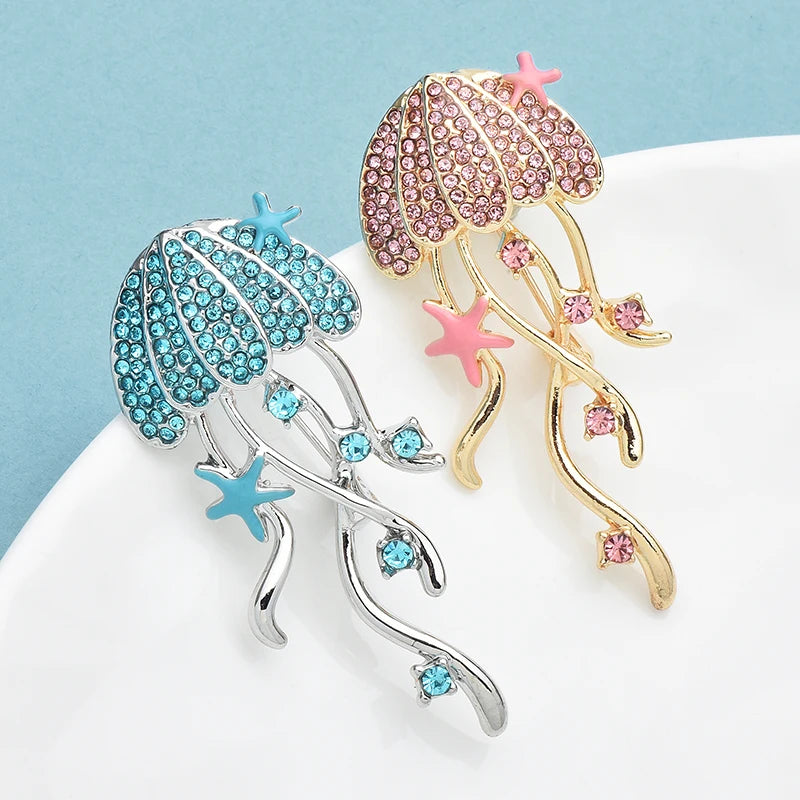 Wuli&baby Lovely Shining Jellyfish Brooches 2-color Metal Rhinestone Water Animal Brooch For Women‘s Clothes Backpack Pins