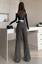 Retro solid color pants women autumn and winter high waisted casual and fashion versatile floor length flared trousers