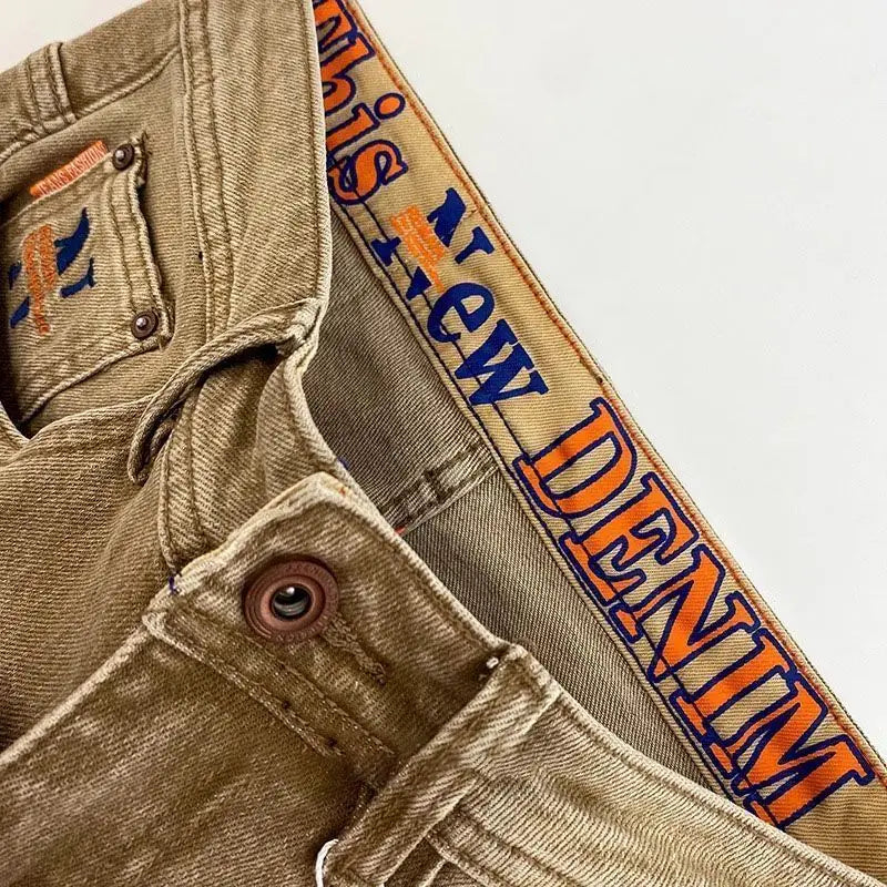 High-end 2026 Luxury Brand Clothes Khaki Jeans Men's Light Luxury Washed Casual Elastic Slim Small Feet Embroidered Long Pants