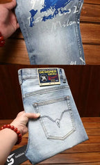 Spring Autumn Korean Popular Clothes Jeans Men's Printed Slim-fitting Pants 2026 New Stretch High-end Elastic Casual Trousers