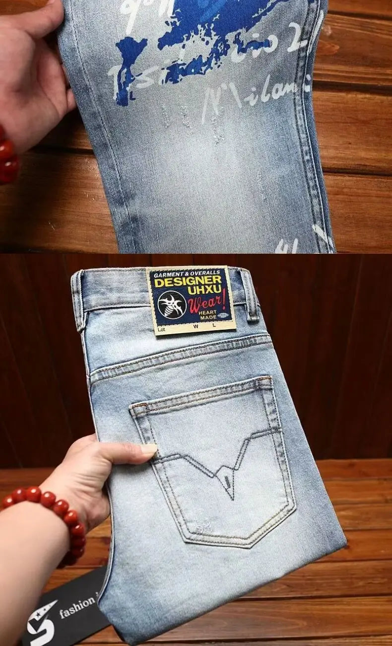 Spring Autumn Korean Popular Clothes Jeans Men's Printed Slim-fitting Pants 2026 New Stretch High-end Elastic Casual Trousers