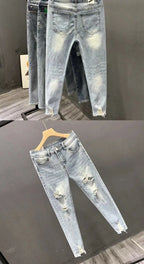 Summer New 2026 Ripped Jeans Men's Trendy Brand Casual Elastic Slim Fit Small Feet Ruffian Handsome Beggar Pencil Pants