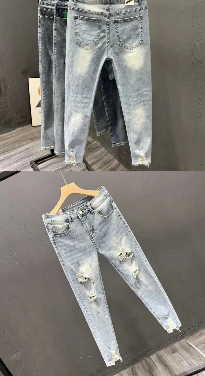Summer New 2026 Ripped Jeans Men's Trendy Brand Casual Elastic Slim Fit Small Feet Ruffian Handsome Beggar Pencil Pants