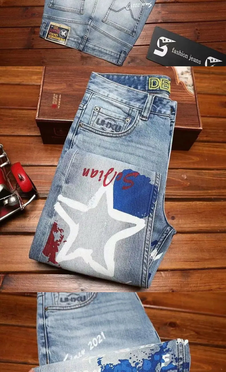Spring Autumn Korean Popular Clothes Jeans Men's Printed Slim-fitting Pants 2026 New Stretch High-end Elastic Casual Trousers