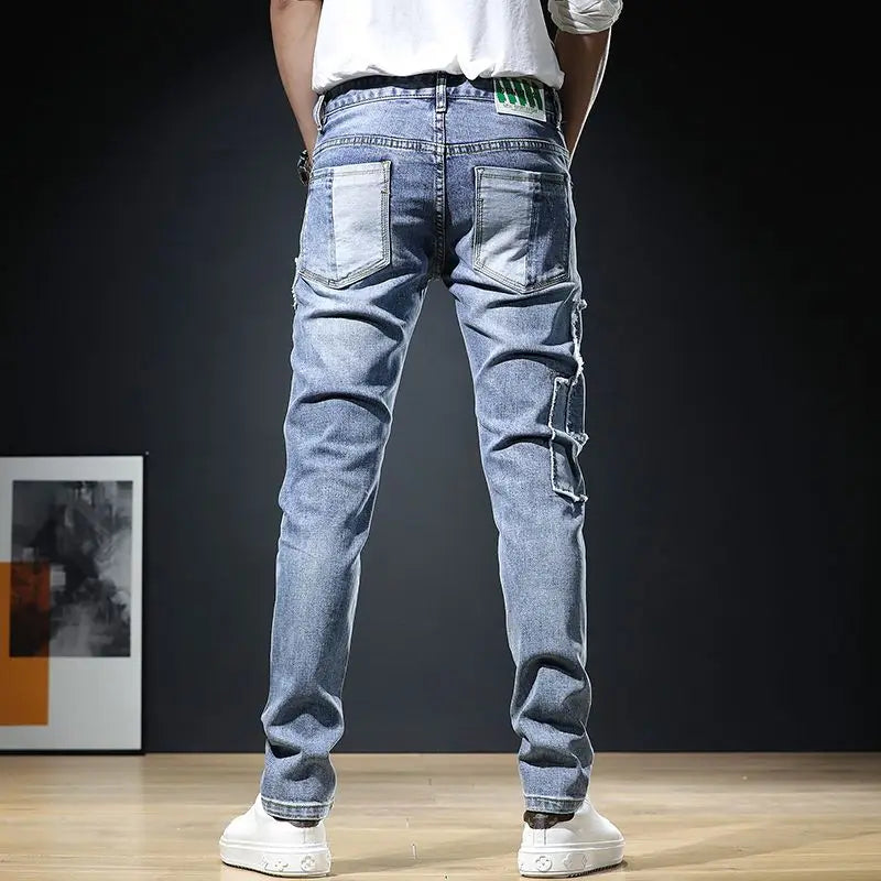 Autumn New Arrival Men's Jeans: Elastic Embroidered Patchwork Hip Hop Denim Pants Korean Style Slim Fit Cotton Trousers for Men