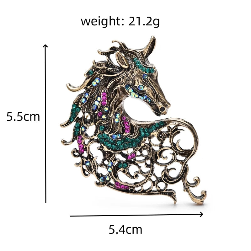 Wuli&baby Vintage Hollow out Handsome Unicorn Horse Brooch Multi color Crystal Horsehair Metal Badge Pin Jewelry Accessory